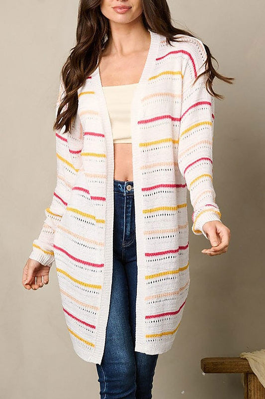 Long sleeve stripes open front cardigan (EFWT2058)