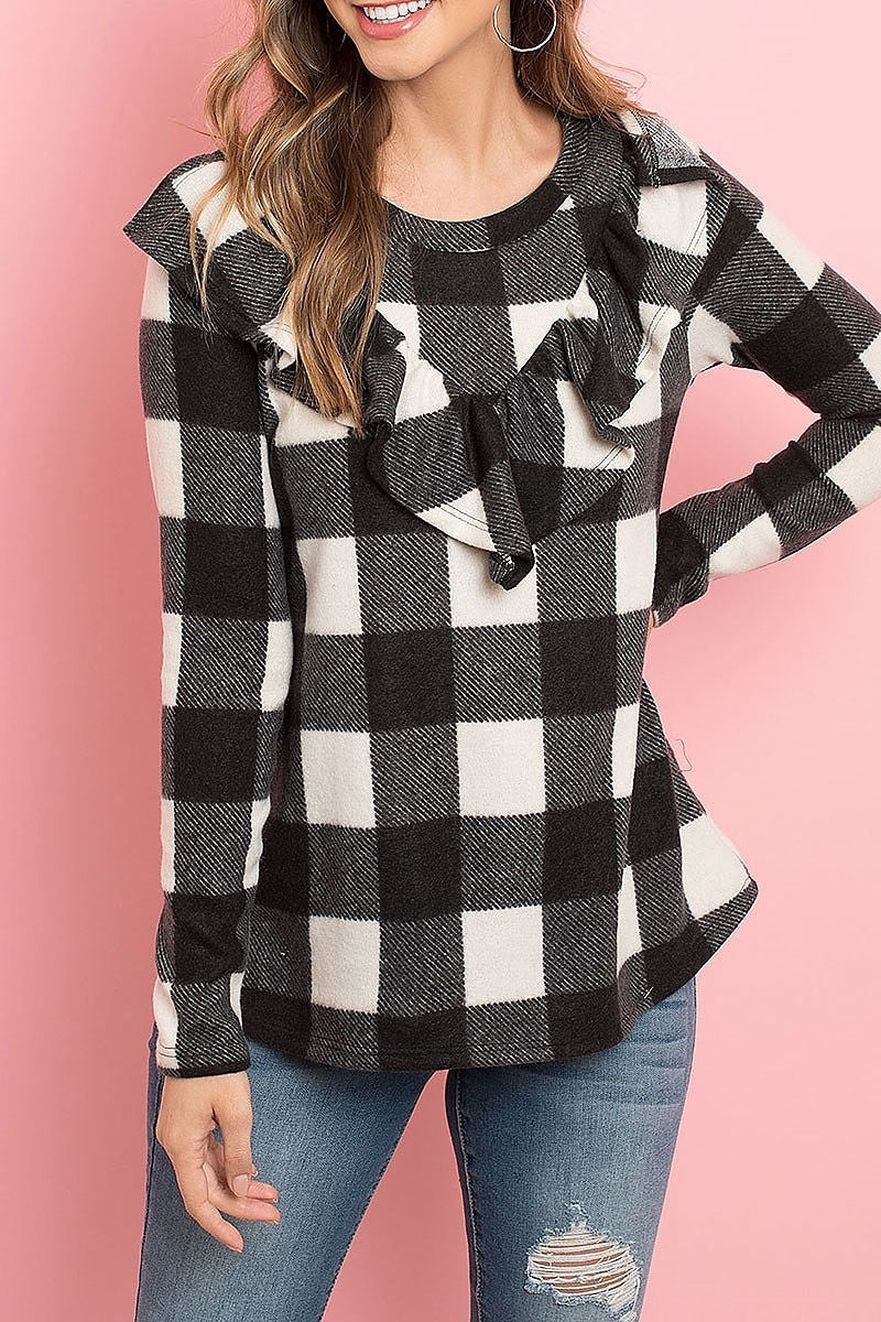 Brushed plaid ruffle detail long sleeve top (ED8307)