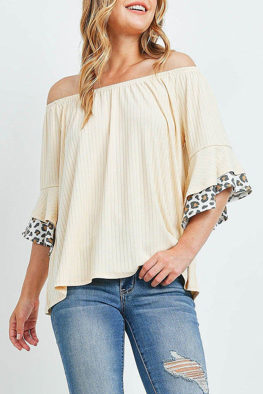 Off shoulder brushed rib bell leopard sleeves top (ED9767)