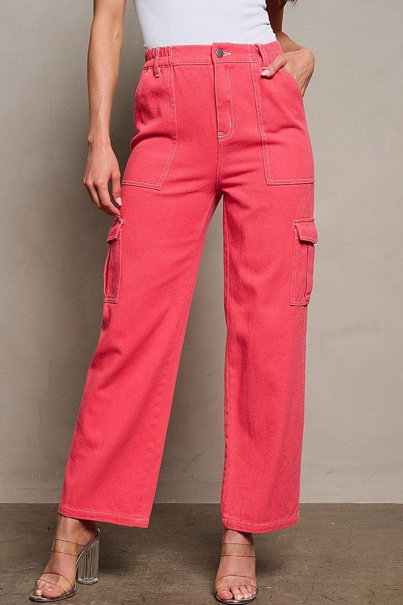 Button closure cargo pockets denim wide leg pants (EGWT1817)