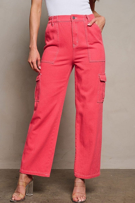 Button closure cargo pockets denim wide leg pants (EGWT1817)