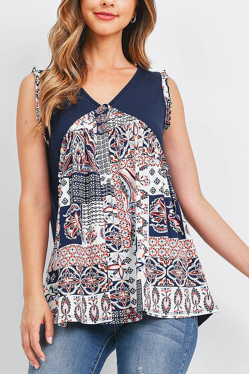 Solid yoke contrast printed sleeveless top (EF1945)