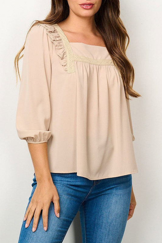 3/4 sleeve square neck ruffle blouse top (EFWT6524)