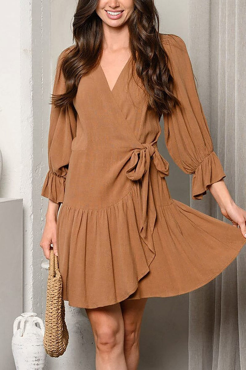 Quarter sleeve wrap self tie mini dress (EDWT9729)