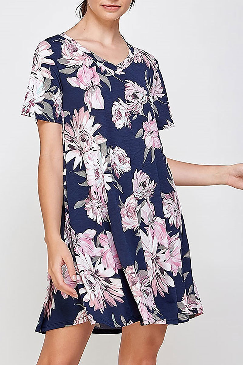 V neck floral pocket dress (DED6403)