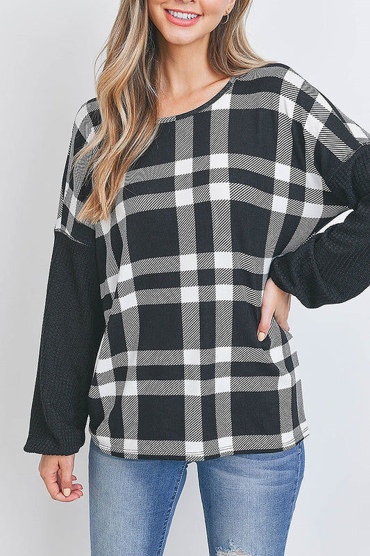 Knit elastic band long sleeve plaid top (EF2643)