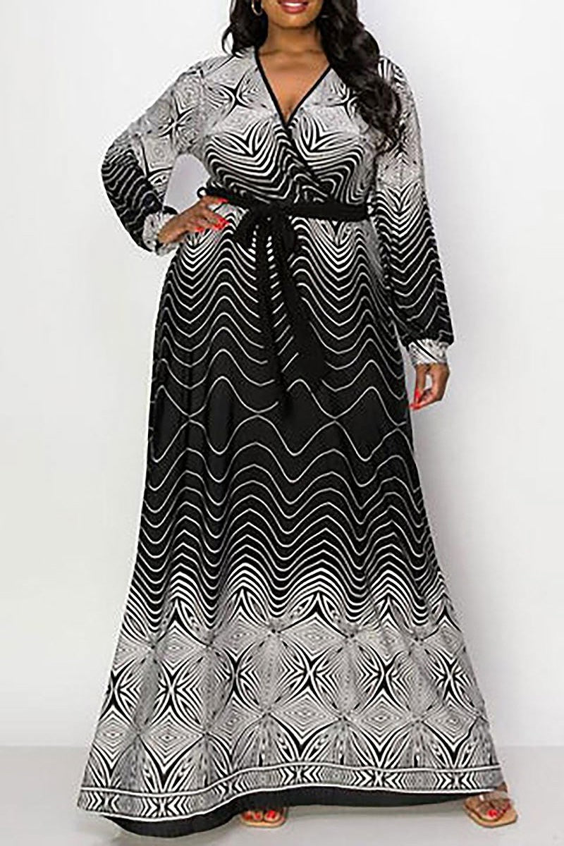 Long sleeve surplice self tie multi print dress (EFWT8222)