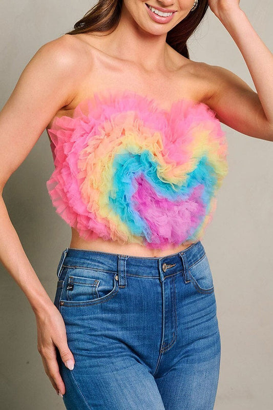 Sleeveless colorblock ruffle tube crop top (EGWT1880)