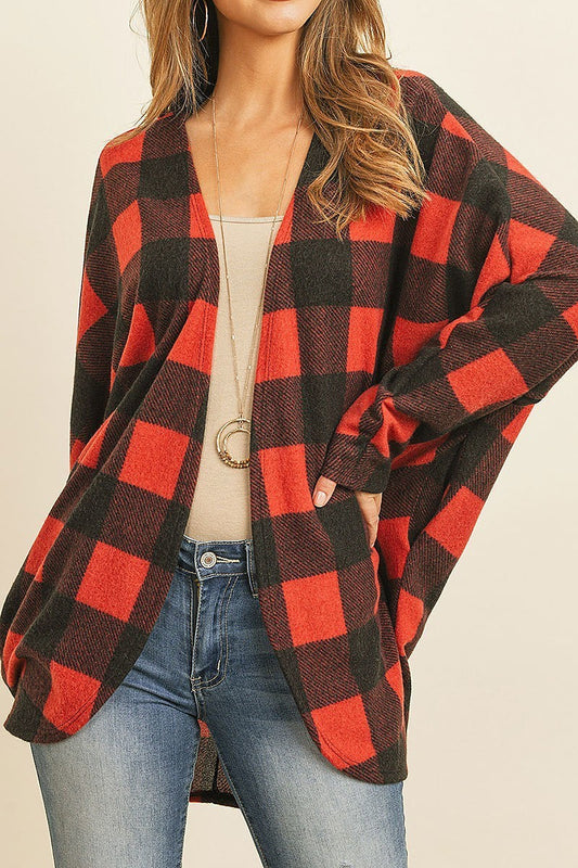 Plaid brushed long sleeved open cardigan (ED8215-LAST)