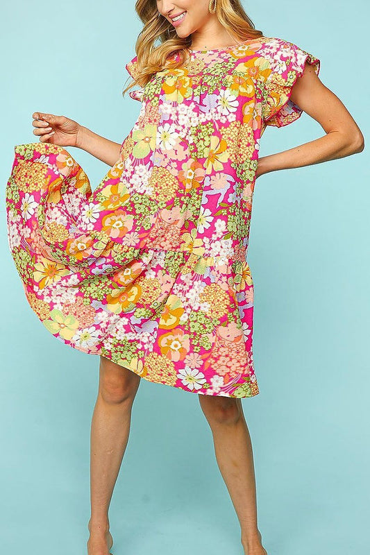 Floral ruffle frill sleeve with side pockets dress (ETMBM2833)