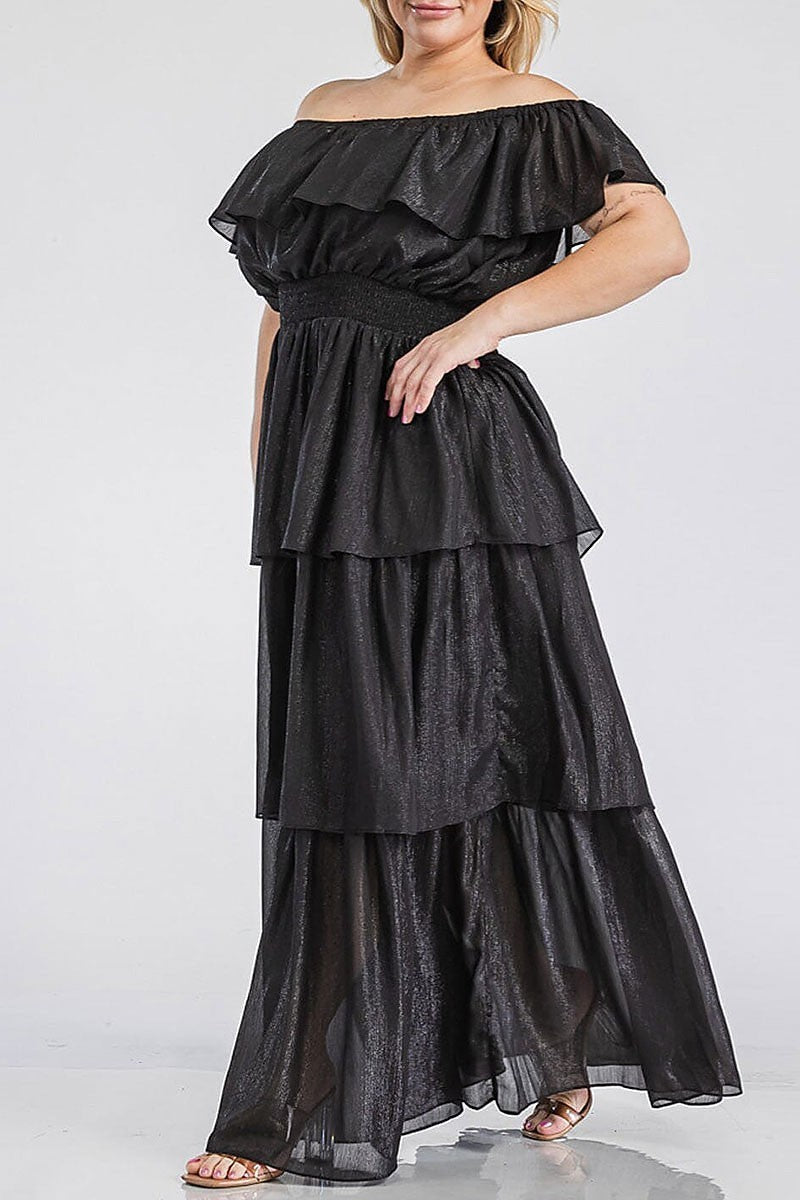 Off shoulder smock waist tiered shimmer maxi dress (EGWT2173)