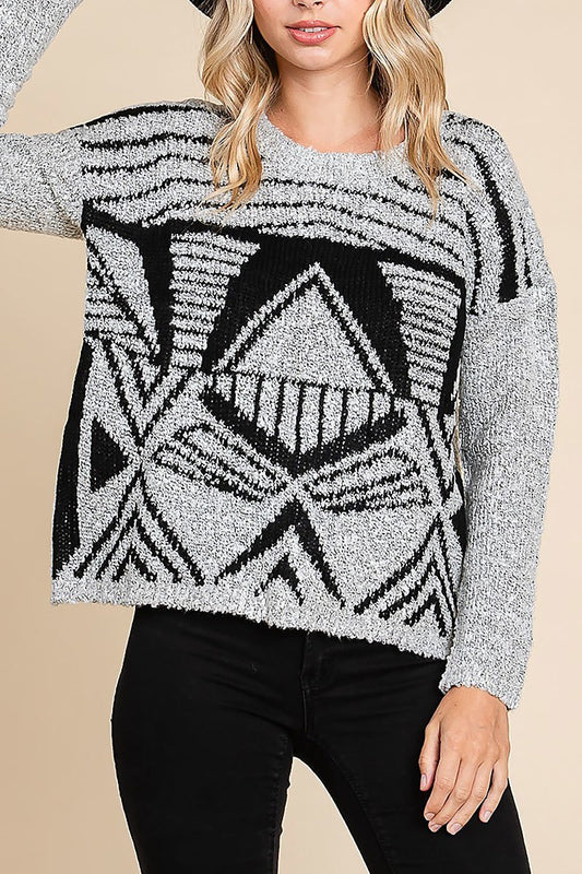 Geometric pattern round neck pullover (EDH1628)