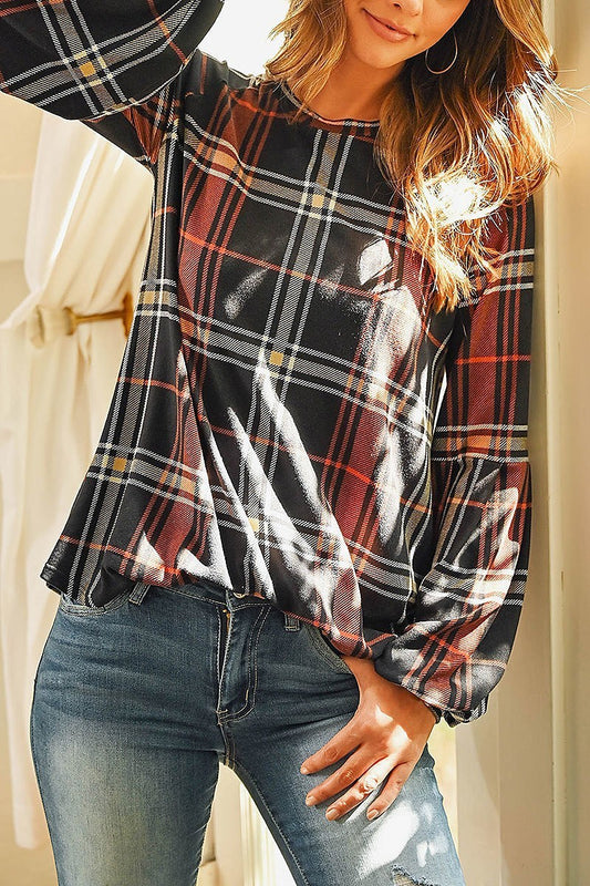 Plaid puff long sleeve round neck top (EF2665)