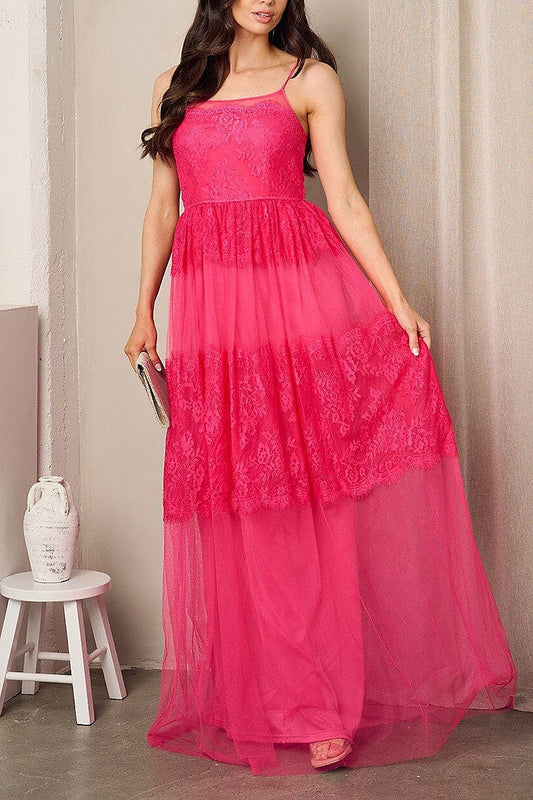 Sleeveless lace tiered maxi gown dress (EFWT2389)