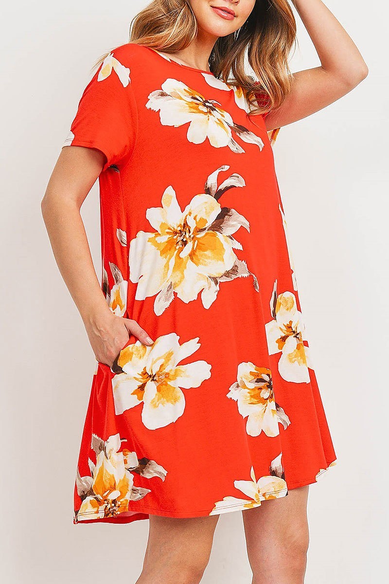 Painterly floral print round neck dress (DED6064)