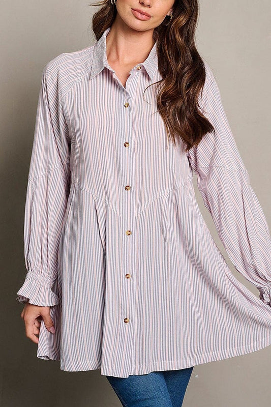 Long sleeve stripes button up tunic blouse top (EGWT2050)