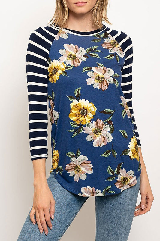 Floral print stripe sleeve color block top (EDWT2349)