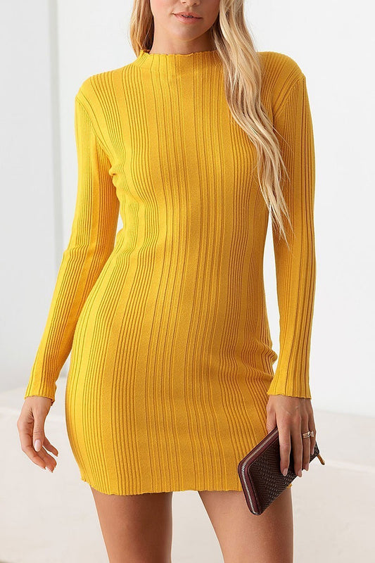 Long sleeve ribbed mock neck mini sweater dress (TED2839)