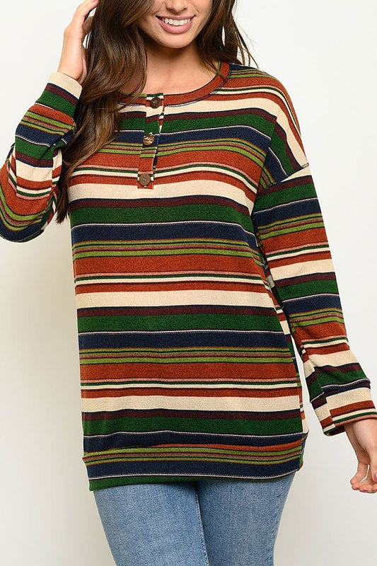 Long sleeve button trimmed stripe top (EDWT3019)