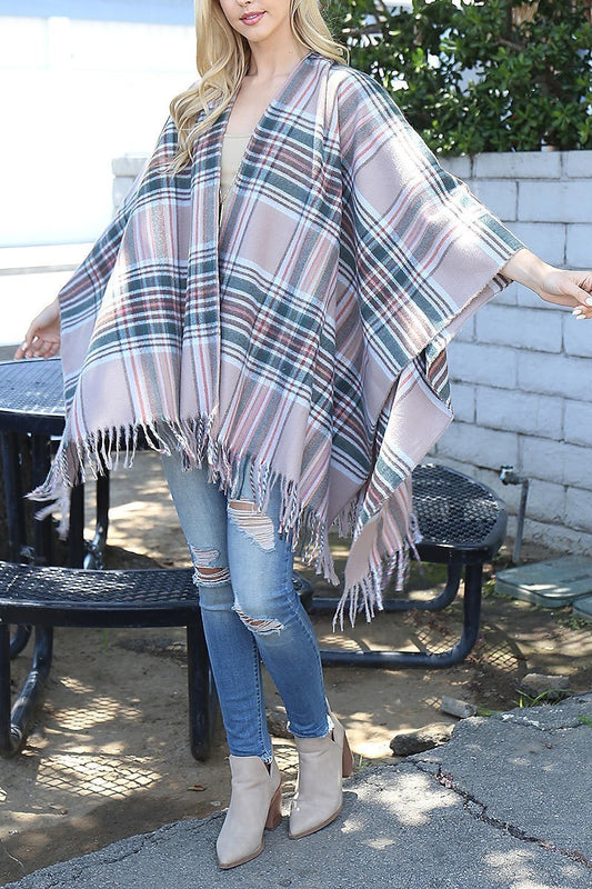 Plaid knit fringe open front kimono (DGS6071)