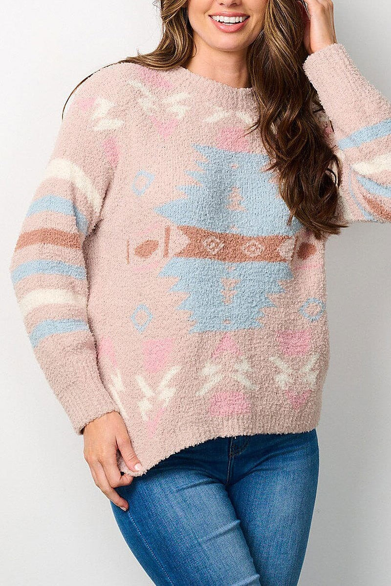 Long sleeve multi print pullover sweater (EFWT7898)