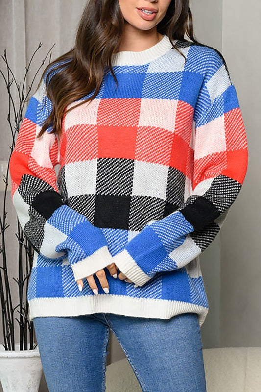 Long sleeve checker colorblock sweater (EDWT7325)