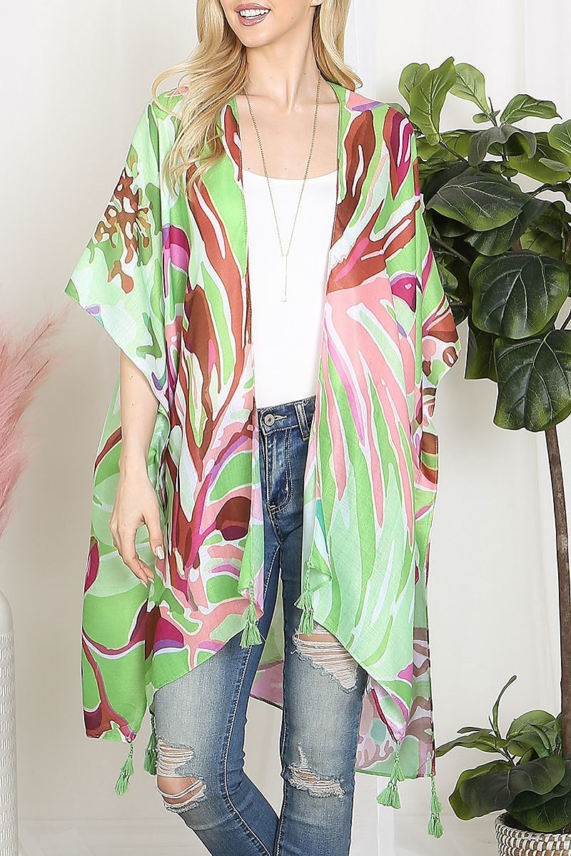 Abstract tropical print tassel open front kimono (EF5600)