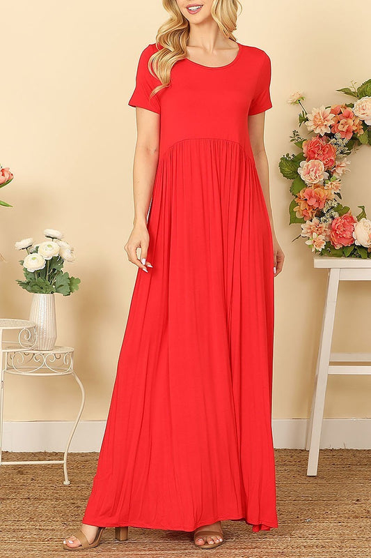 Short sleeve round neck pleated waist maxi dress (DED9444)