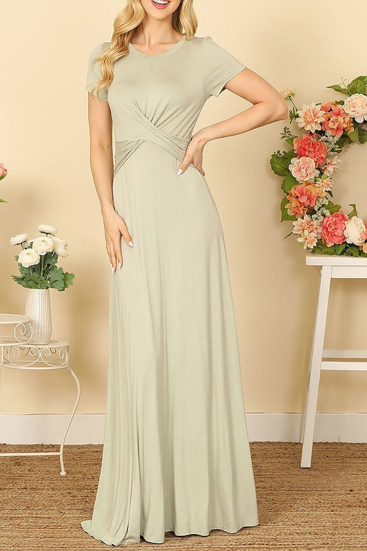 Short sleeve round neck cross front maxi dress (DED9445)