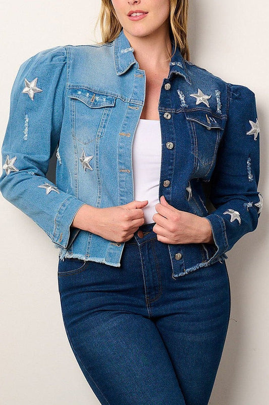 Puff sleeve stars embroidery colorblock jacket (EFWT9041)