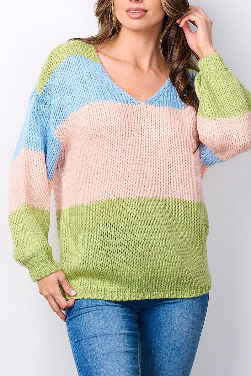 Long sleeve v-neck colorblock sweater (EFWT7497)