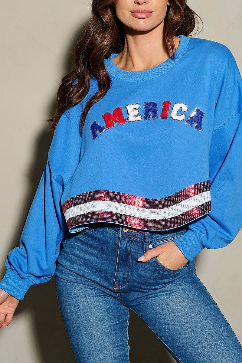 Long sleeve sequins america patriotic top (EFWT9740)