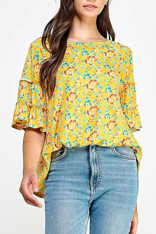 Tiered ruffled bell sleeve floral knit top (XDG8180)