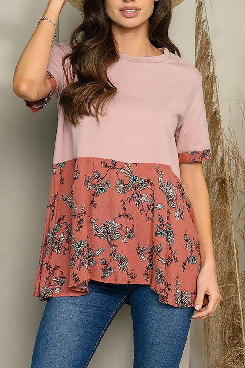 Short sleeve floral babydoll top (EDWT5276)