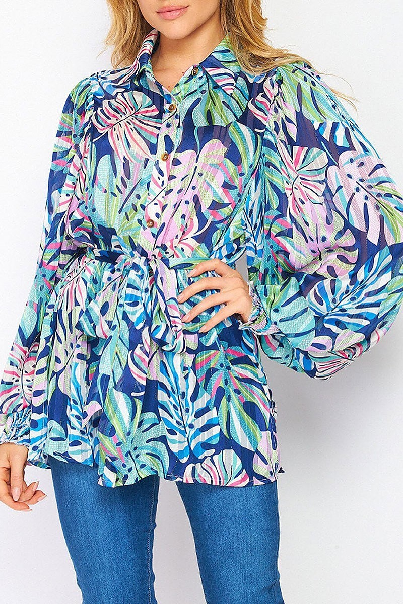 Long sleeve button up leaf print blouse top (EFWT6432)