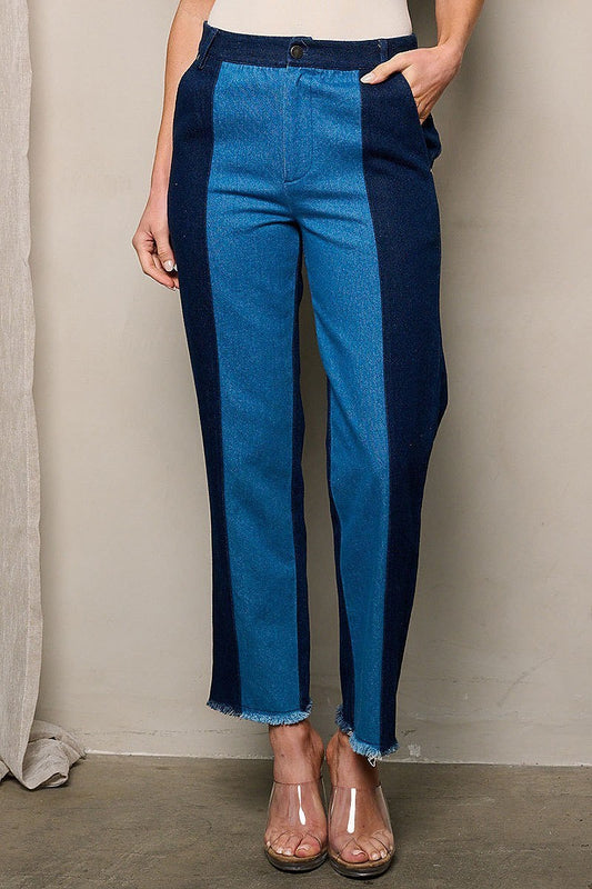 Button closure wide leg pockets two tone pants (EFWT4409)