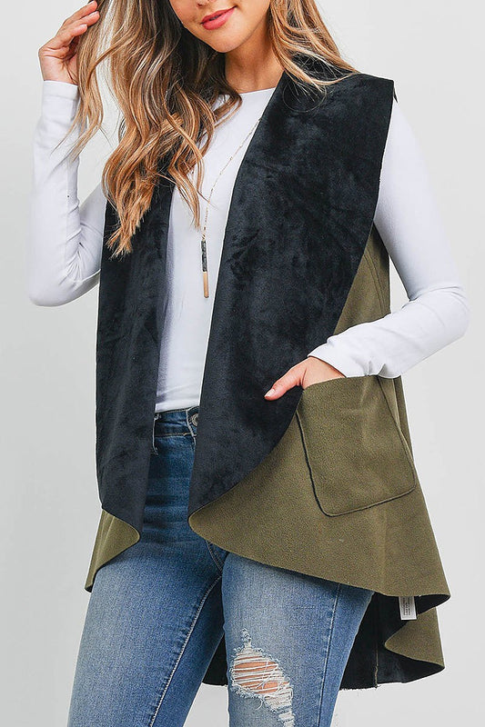 Faux fur two tone w pocket kimono vest (EF1752)