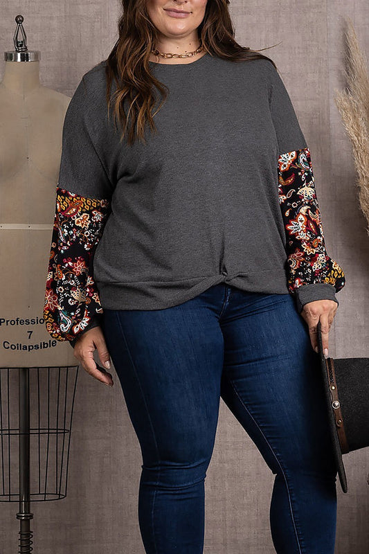 Paisley print rib stitch contrast plus size top (EDSW3691)