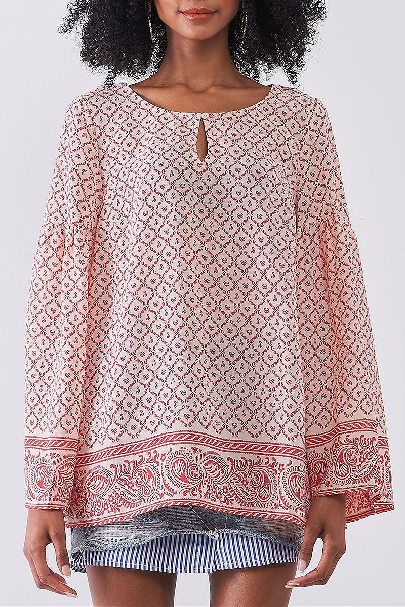 Paisley border print bell sleeve top (TDG8173)