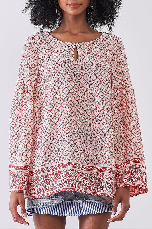 Paisley border print bell sleeve top (TDG8173)