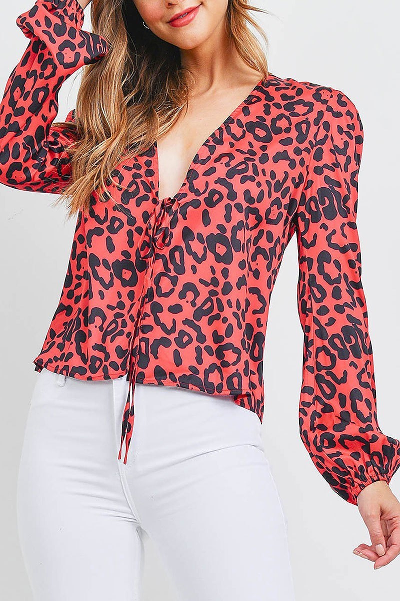 Animal print bubble sleeve v neck top (EF1249)