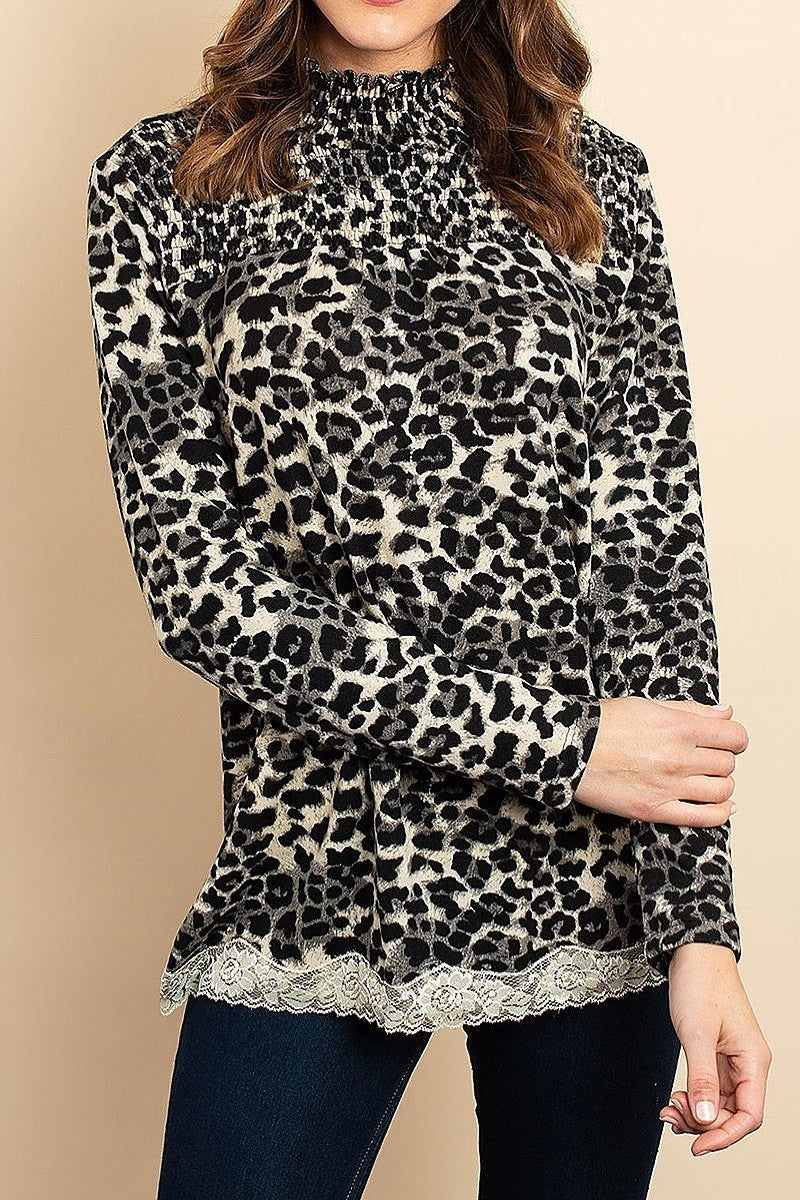 Long sleeve mock neck lace trim hem animal print blouse top (DGS4992-2)