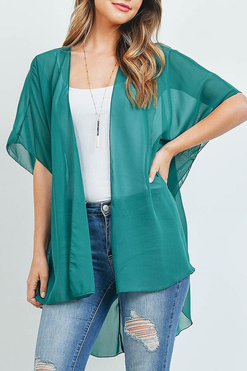 Sheer solid hi lo kimono top (ED9811)