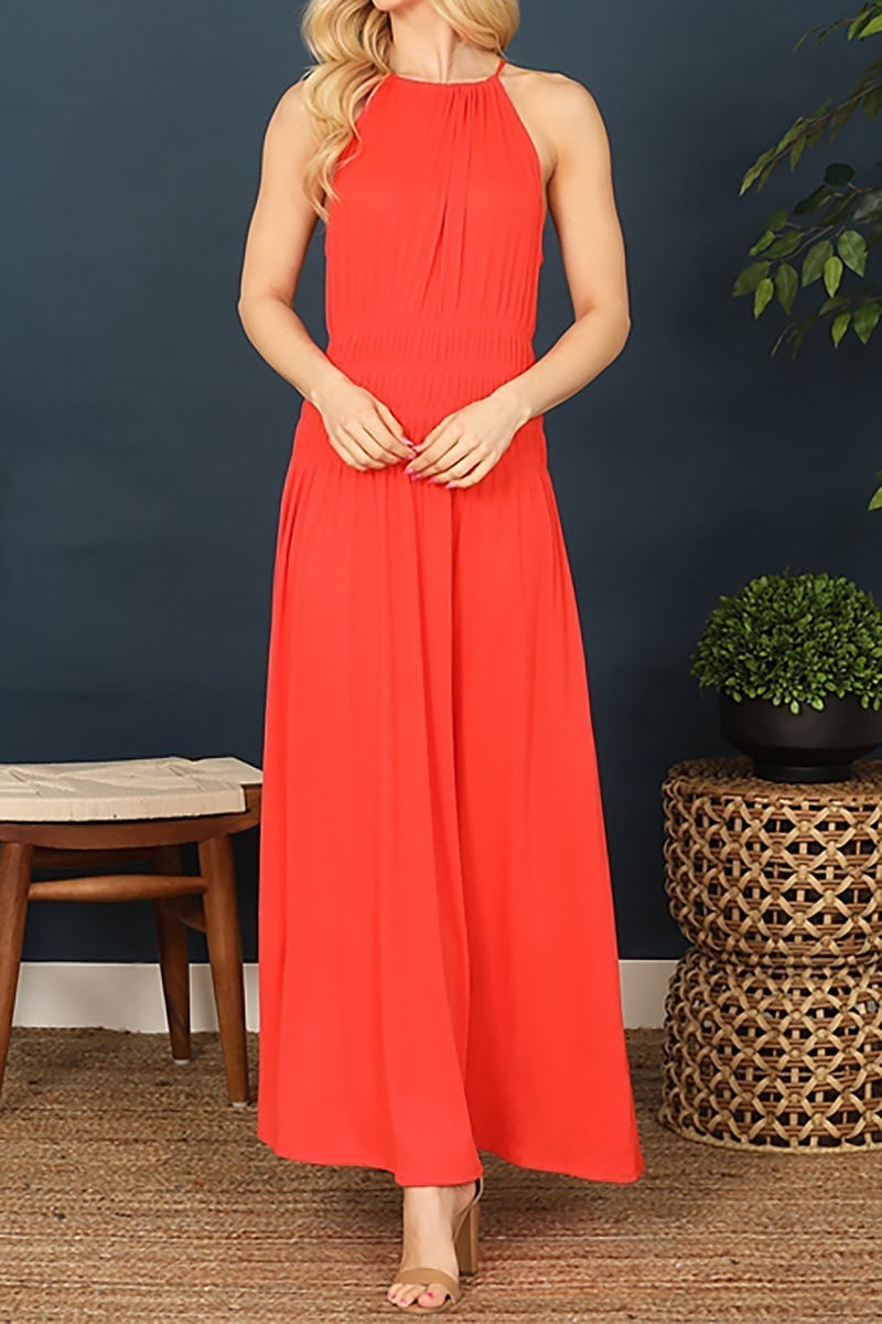 Halter neck elastic waist solid maxi dress (DED9269)