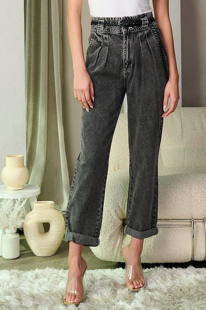 Button closure high waist belted denim pants (EFWT9311-1)