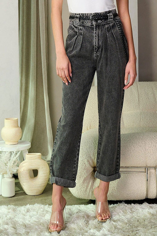 Button closure high waist belted denim pants (EFWT9311-1)