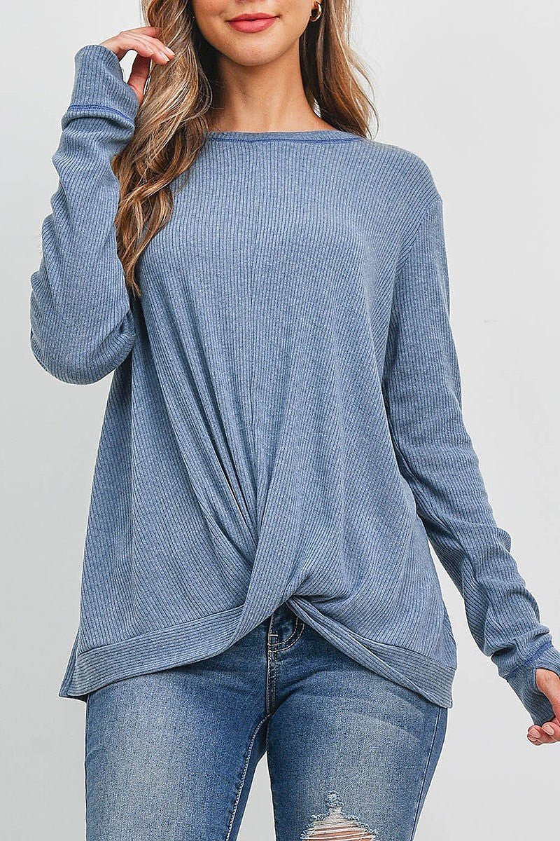 Twist front hem long sleeve top (EF2189)