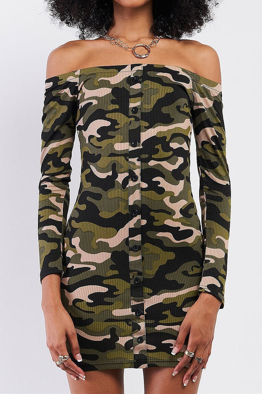 Off shoulder bottom front camo body con dress (TDG7675)