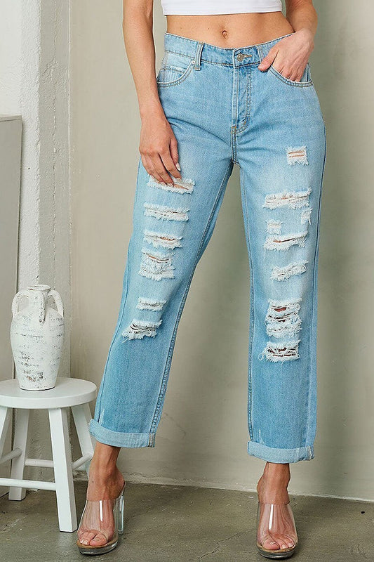 Button closure distressed denim jeans pants (EFWT2471)