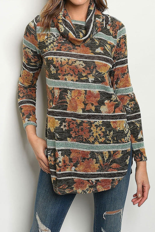 Cowl neck stripe floral sweater (DGS4768)